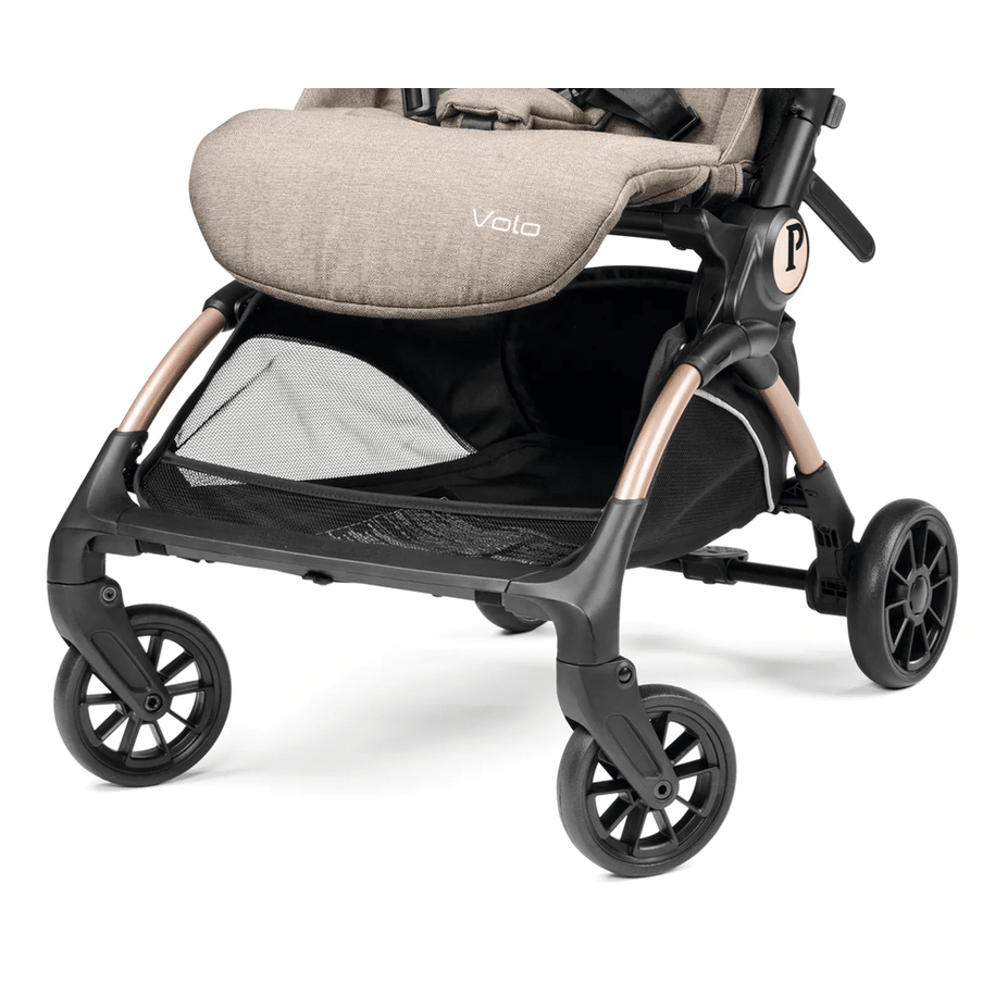 Peg Perego VOLO Travel Stroller in beige fabric with a black frame and undercarriage storage.