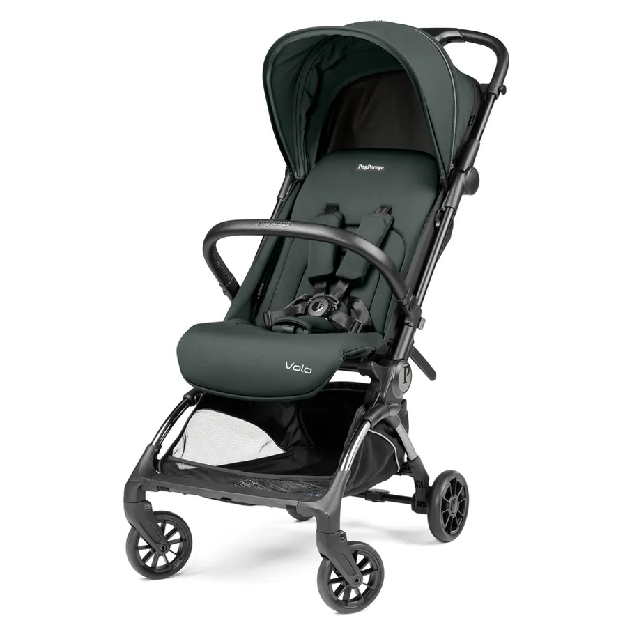 Peg Perego VOLO Travel Stroller in dark green with canopy, 5-point harness visible, ready to roll.