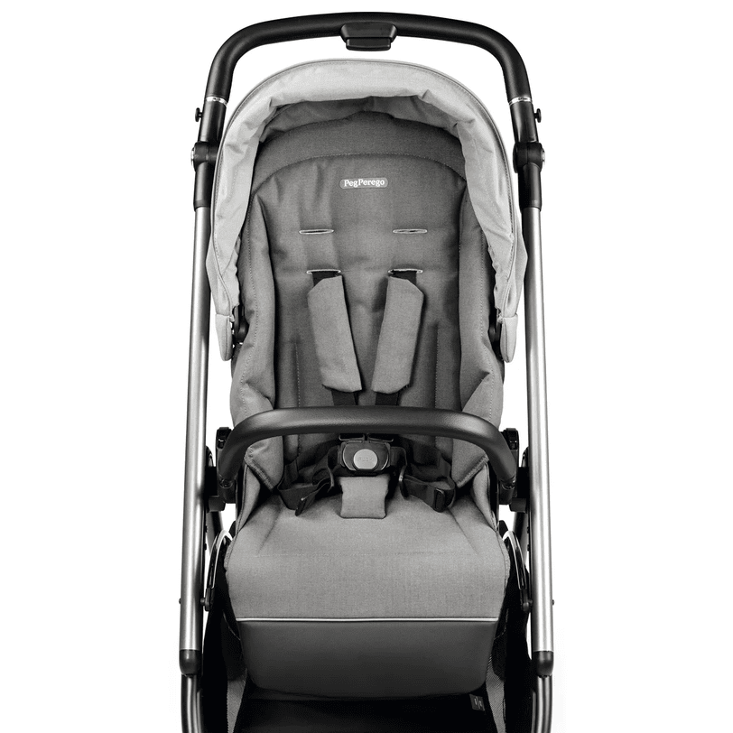 Peg Perego Veloce Stroller in gray with padded seat and five-point harness, foot muff included, ready to stroll