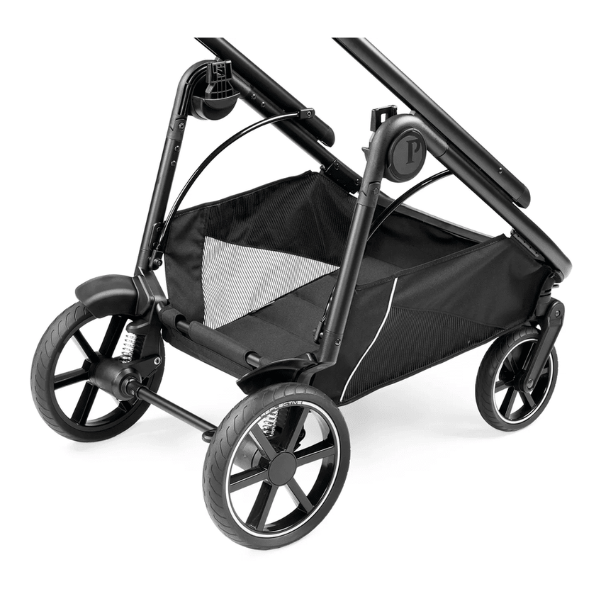 Peg Perego Veloce Stroller in black with mesh storage basket and large wheels ready to roll.