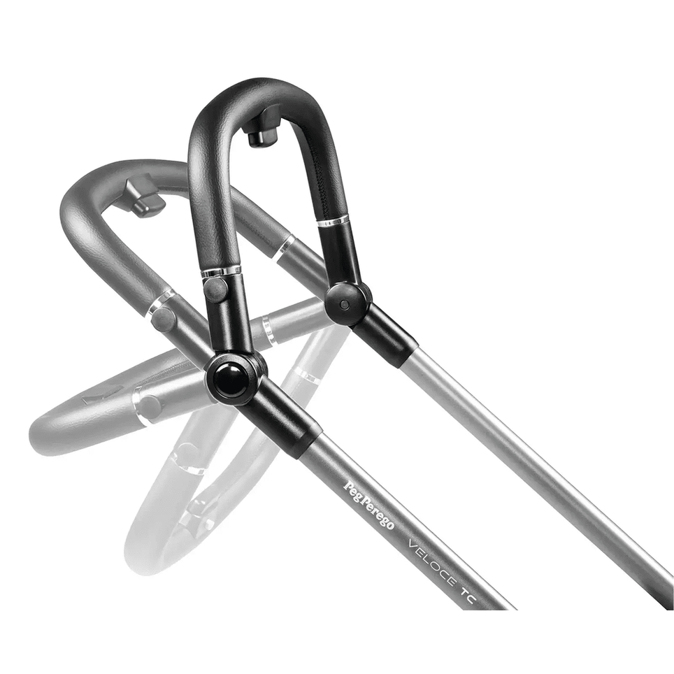 Peg Perego Velocce TC Stroller frame with black ergonomic handle and folding joint.