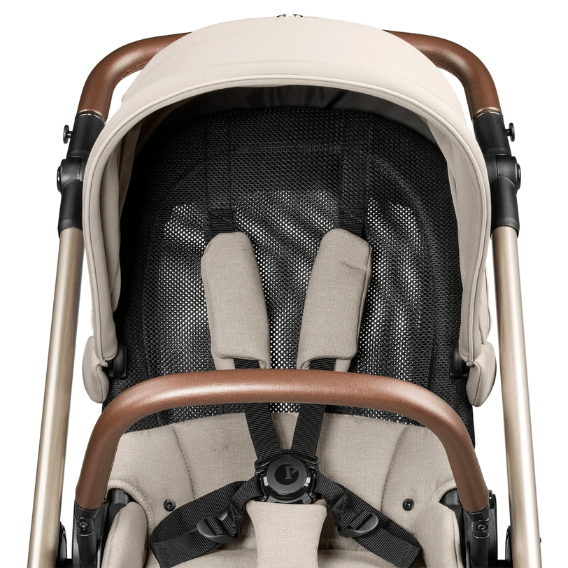 Peg Perego Velcoe TC Stroller, beige fabric with brown leatherette handlebar and padded harness.