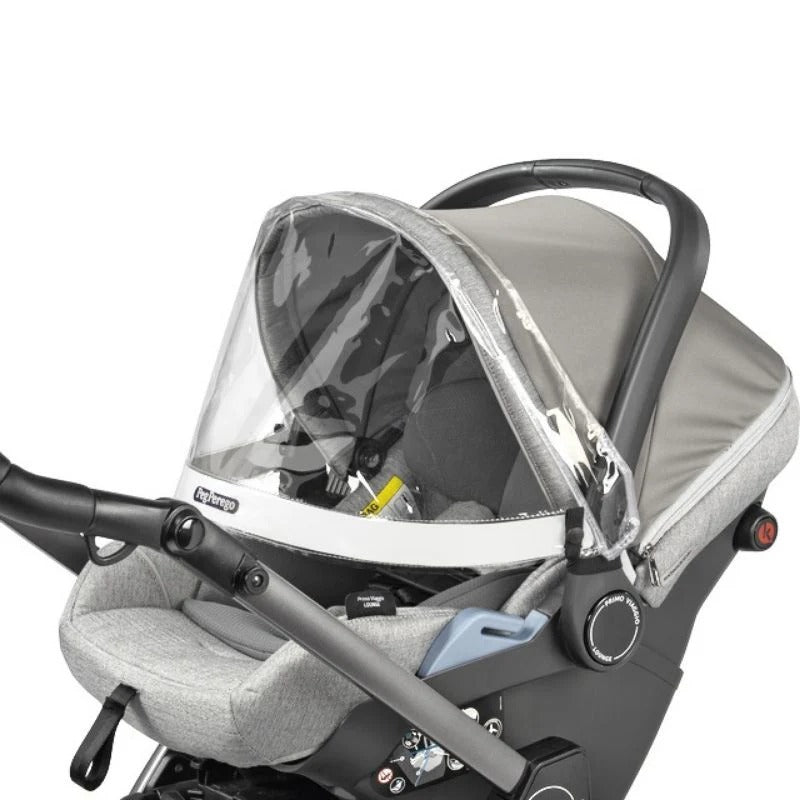 Peg Perego Visor for Car Seat, clear protective shield attached to a gray infant carrier for sun protection.