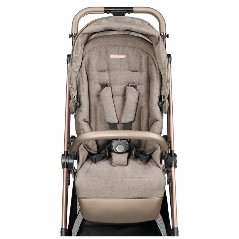 Peg Perego Vivace Stroller in taupe with foot muff, sturdy frame and padded seat with 5-point harness.