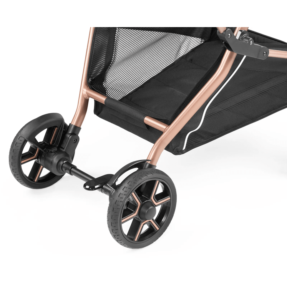 Peg Perego Vivace Stroller, copper frame with black fabric and mesh basket, includes foot muff