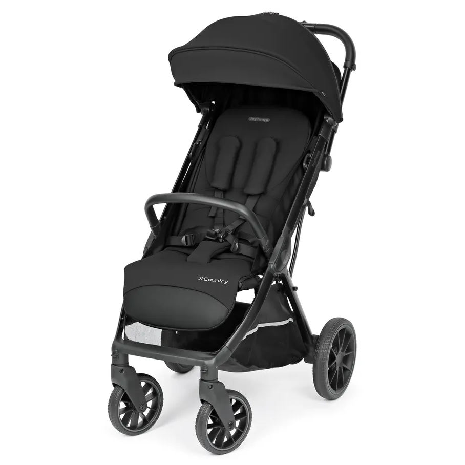 Peg Perego X-Country Travel Stroller in black with canopy, four wheels, and a padded 5-point harness.