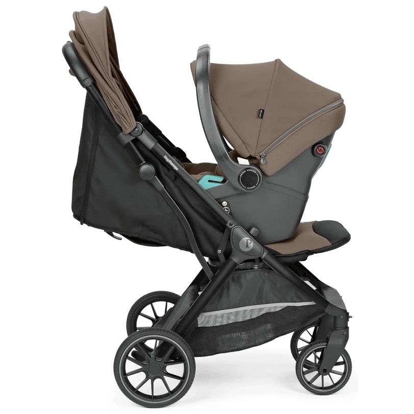 Peg Perego X-Country Travel Stroller in taupe/gray with extended canopy and large wheels for smooth on-the-go parenting.