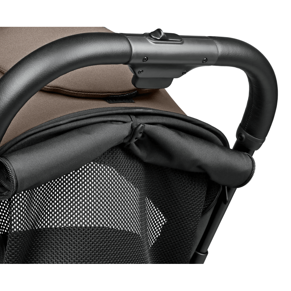 Peg Perego X-Country Travel Stroller handlebar in black with brown canopy and breathable mesh.