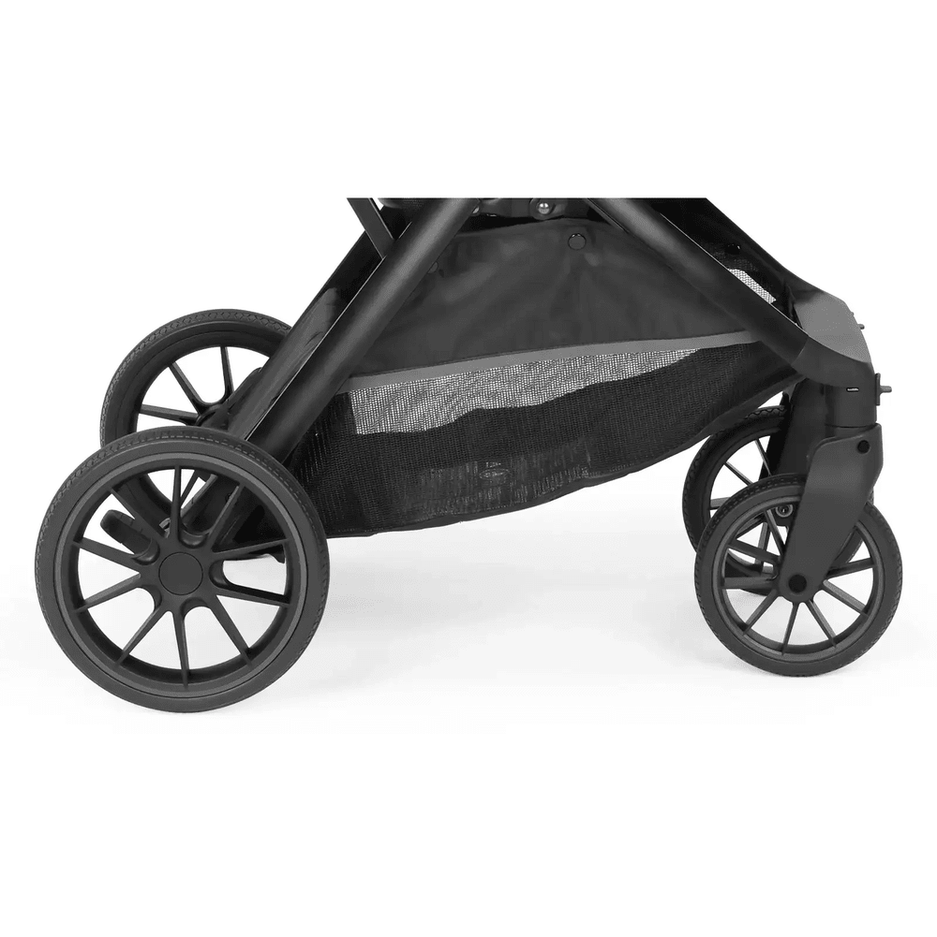 Peg Perego X-Country Travel Stroller in black with large wheels rolling along and mesh storage underneath.