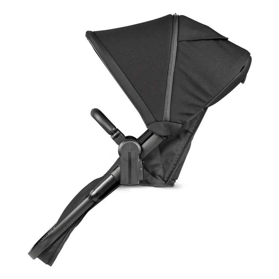 Peg Perego YPSI Companion Seat in black, attached to a stroller frame with adjustable recline and canopy.