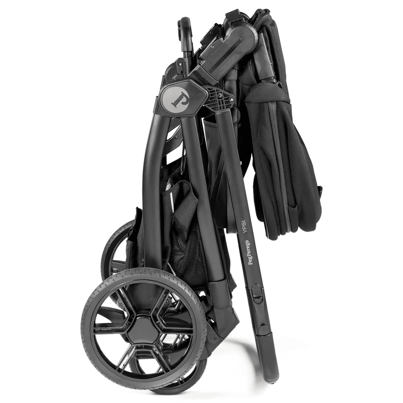 Peg Perego YPSI Stroller, black, folded compactly with wheels visible for easy storage.