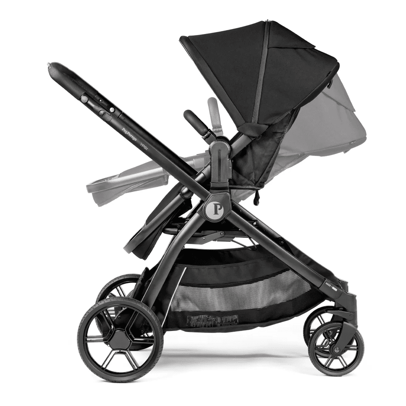 Peg Perego YPSI Stroller in black with adjustable handle, extended canopy, and undercarriage storage basket.