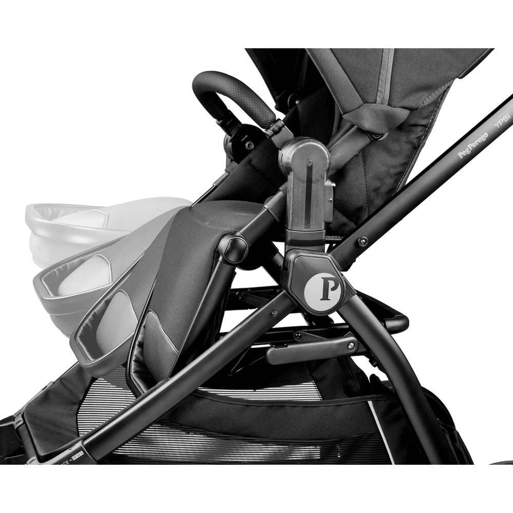 Peg Perego YPSI Stroller in black with a sturdy frame, large storage basket, and reclining seat.