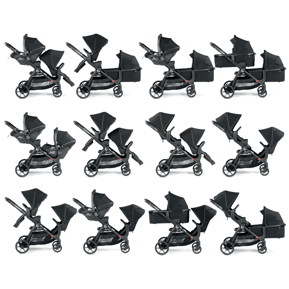 Peg Perego YPSI Travel System stroller lineup in black, showing seat, bassinet, and car-seat configurations.