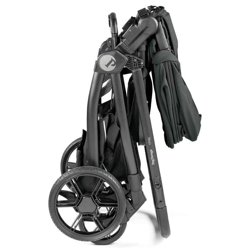 Peg Perego YPSI Travel System in folded black frame with wheels ready for storage.
