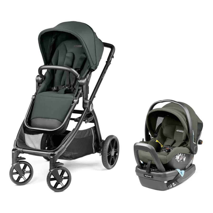 Peg Perego YPSI Travel System: dark green stroller and matching infant car seat ready for on-the-go use.