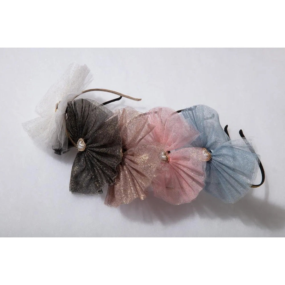 Petite Hailey Sleeve Tutu Headband; four glittery tulle flowers (black, champagne, pink, blue) with jeweled centers.