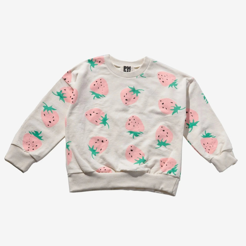 Petite Hailey Strawberry Print Sweatshirt, white fleece with pink strawberries and green leaves.