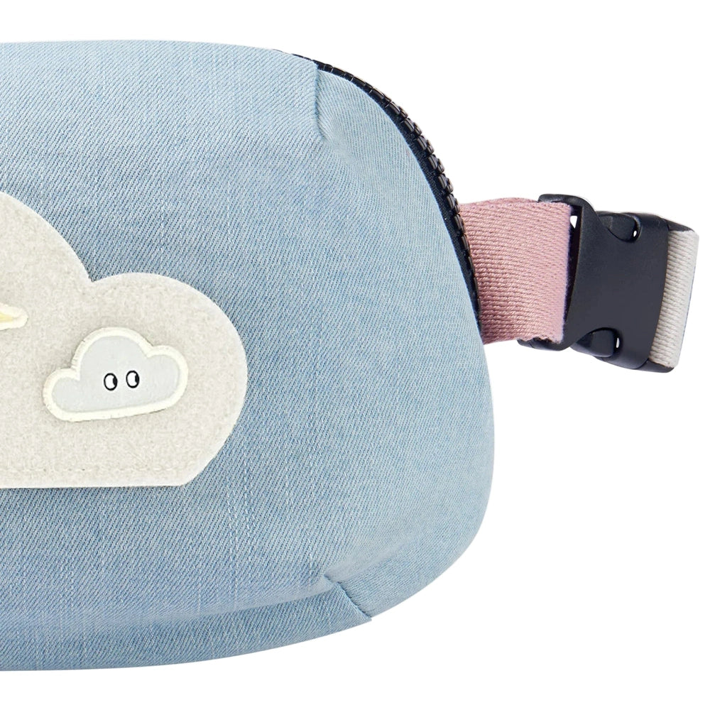 Petite Revery Corduroy Bumbag Dusk Blue with white cloud patch; adjustable pink strap.