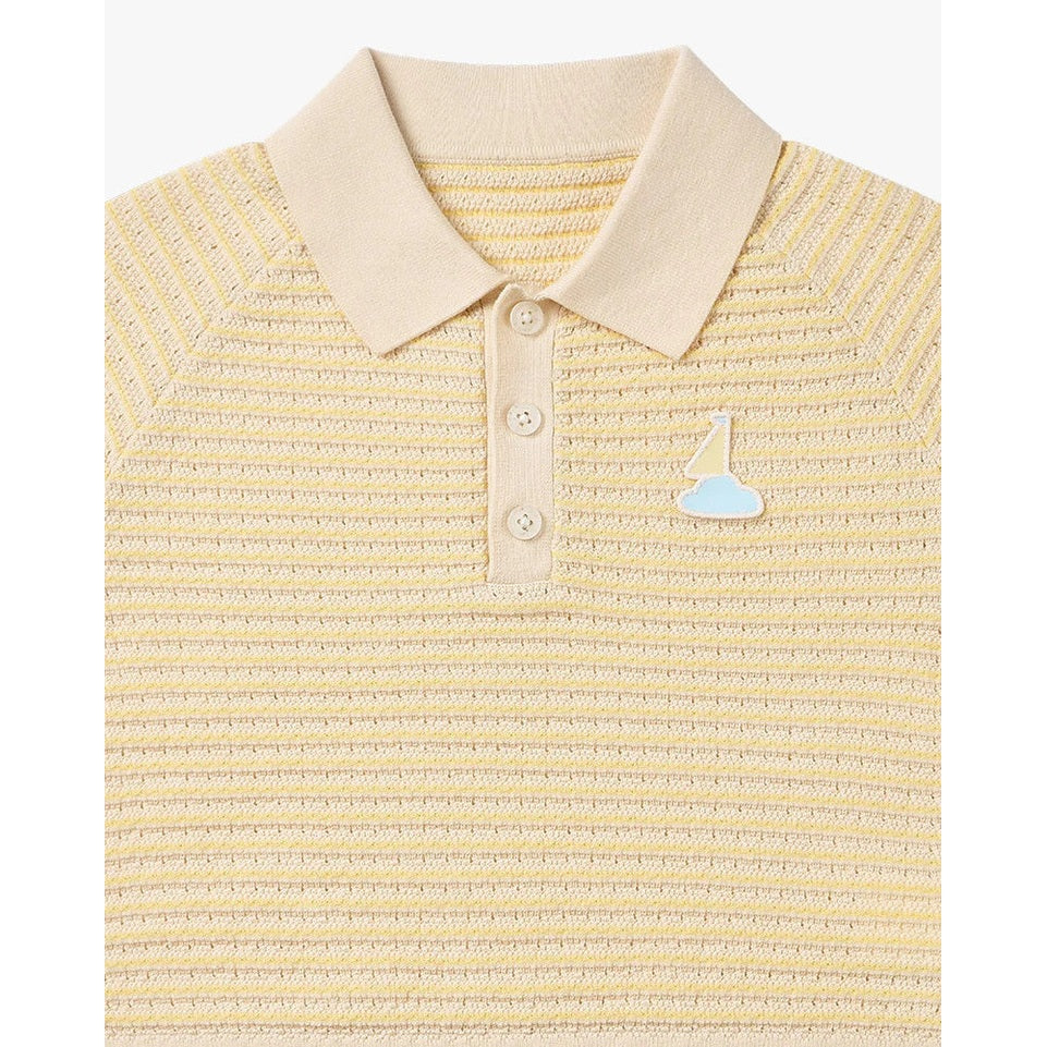 Petite Revery cotton knit short-sleeve top in mellow yellow, with sailboat patch and buttoned placket.