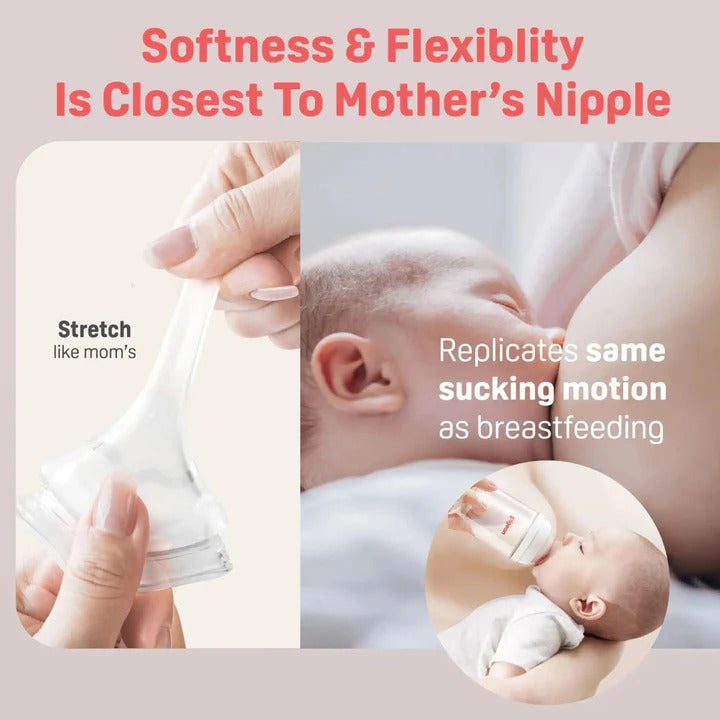 Pigeon PPSU Bottle 5oz with SS Nipple (0M+), mom holding and guiding the bottle for breastfeeding-like feeding.