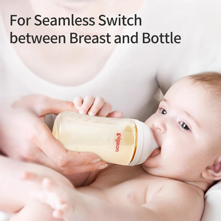 Pigeon PPSU Bottle 5oz with SS Nipple for 0M+, baby feeds from bottle held by caregiver.