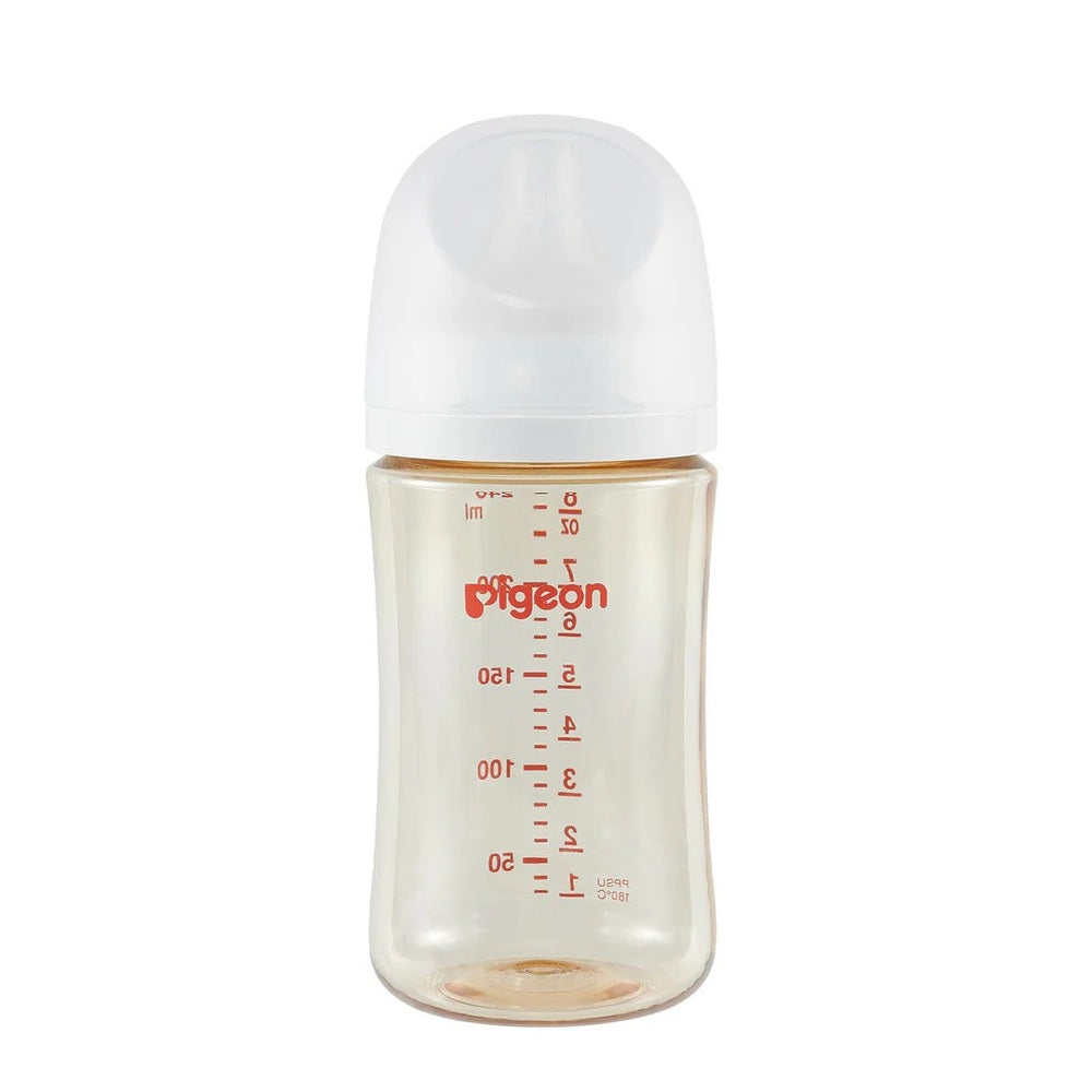 Pigeon PPSU baby bottle 8oz with nipple, clear with orange measurement marks and white cap.
