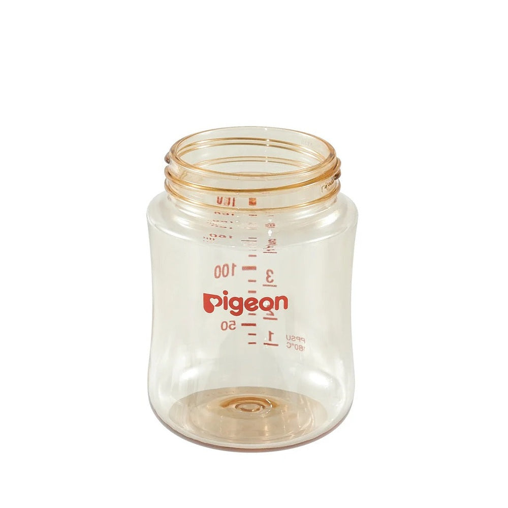 Pigeon Wide Neck PPSU Bottle 5oz, clear baby bottle with red measurement marks and wide neck opening.