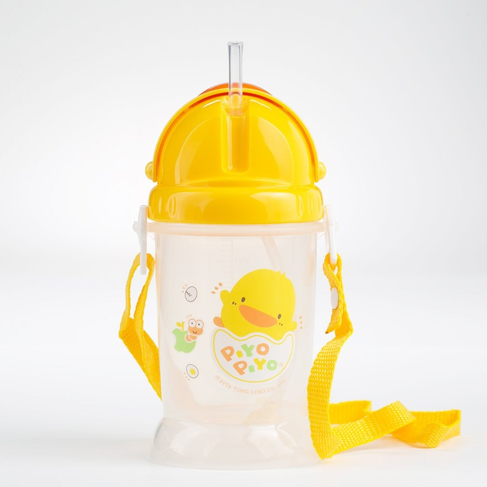 Piyo Piyo Easy Reach Water Bottle 12 oz with bright yellow cap and strap, duck graphic and sip straw.