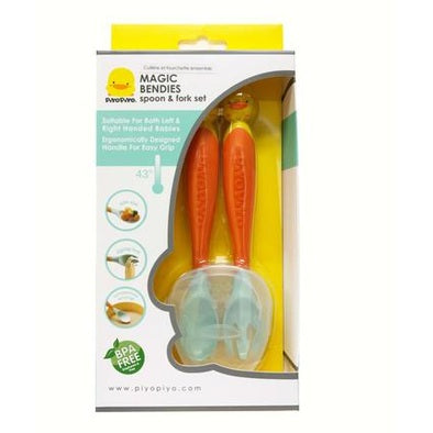 PIYO PIYO Magic Bendies Spoon & Fork Set in orange ergonomic handles and light-blue heads, displayed in the box.