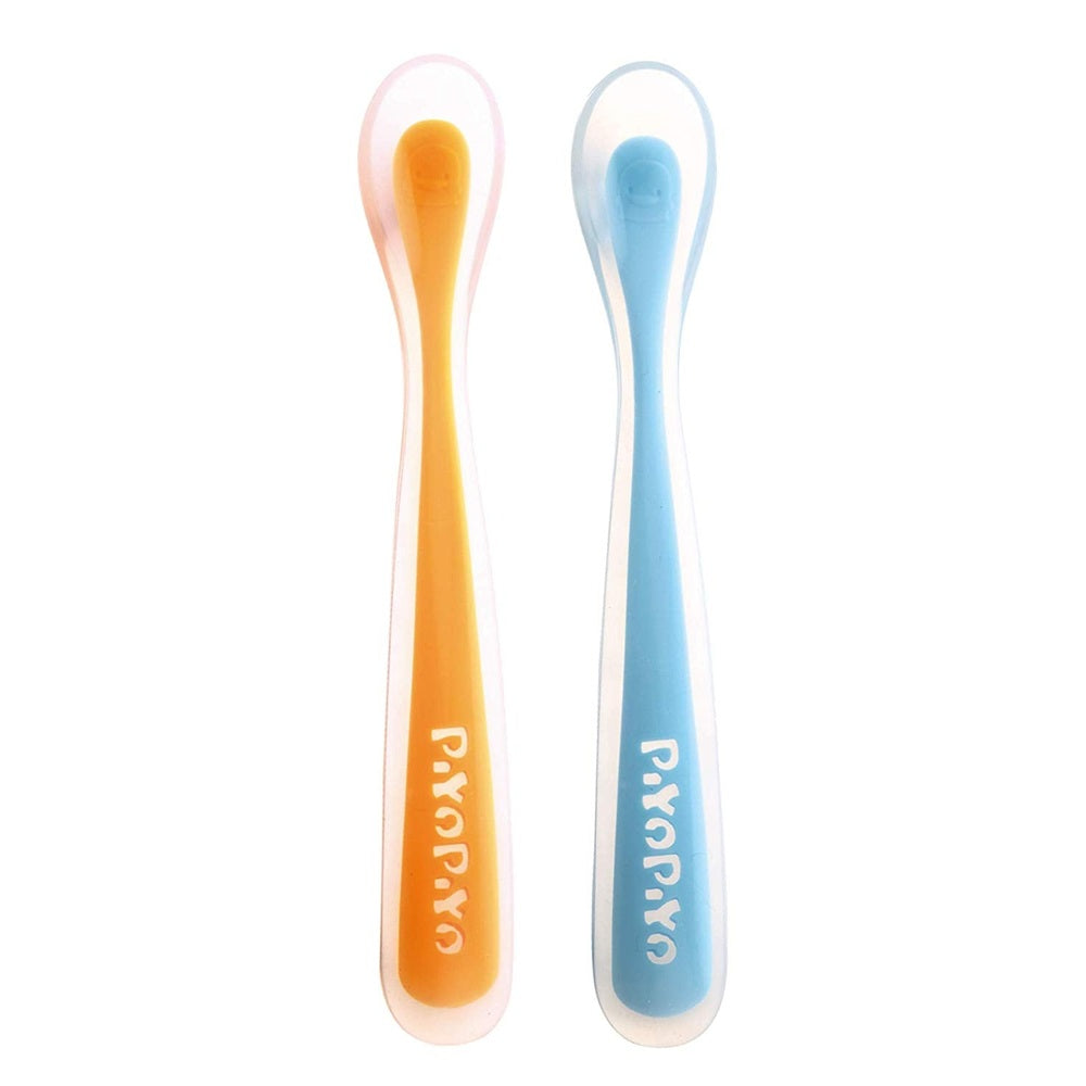 Piyo Piyo silicone spoon set, blue and orange, 2-pack for baby feeding