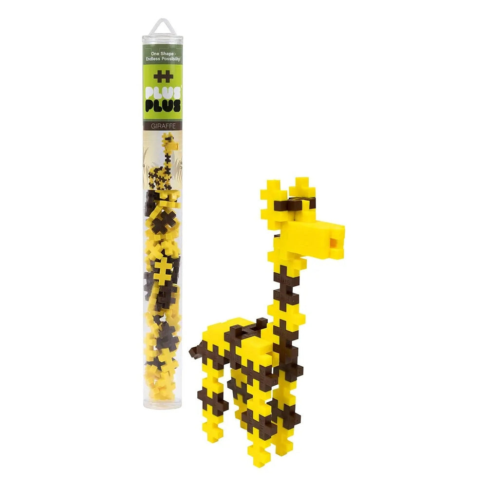 Plus-Plus Tube Big giraffe construction toy in yellow and brown bricks, shown assembled beside the tube