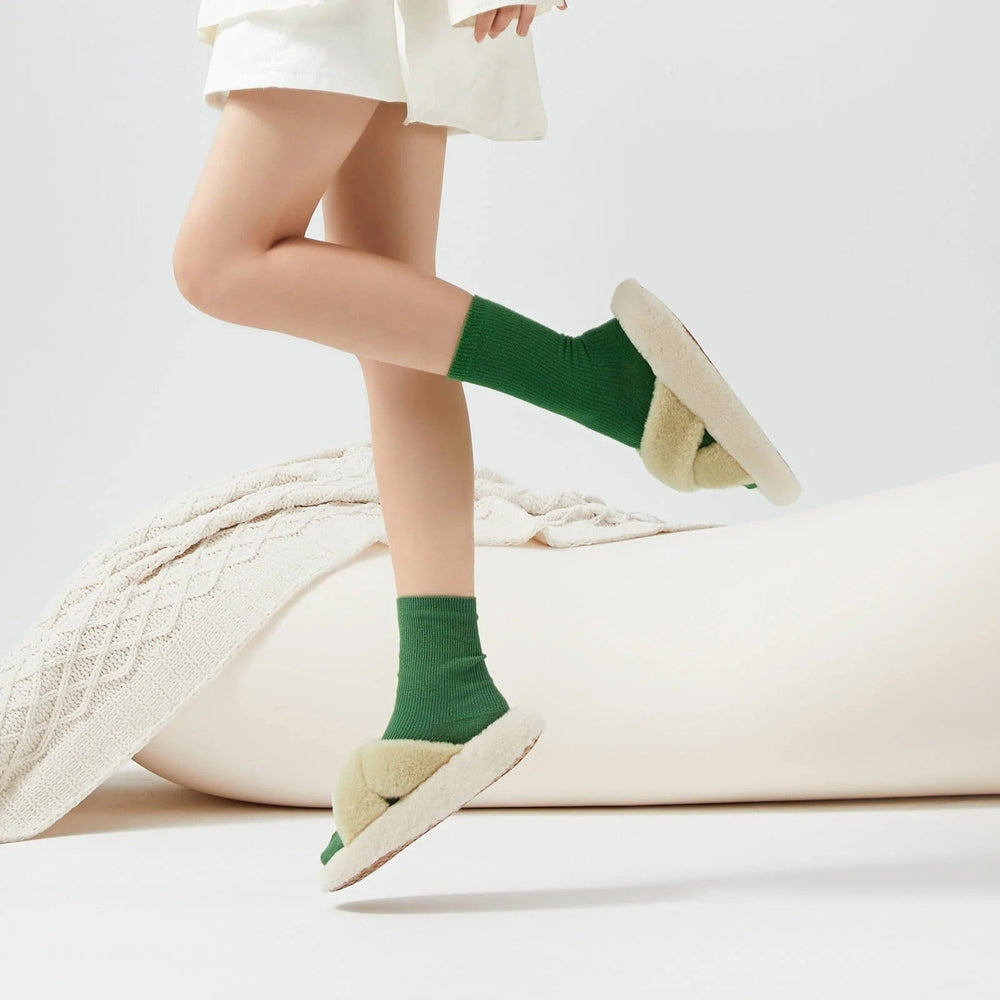 Posee Cross Strap Plush Fashion Slippers Wasabi