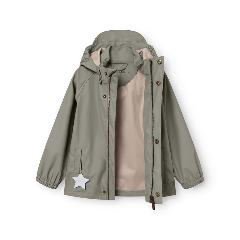 MINI A TURE Matreinar rain jacket in olive green with beige lining and star tag