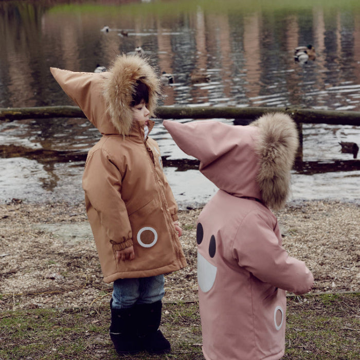 Boxbo Wistiti fur jackets, 2 dusty rose pink and tan coats with fur-lined hoods