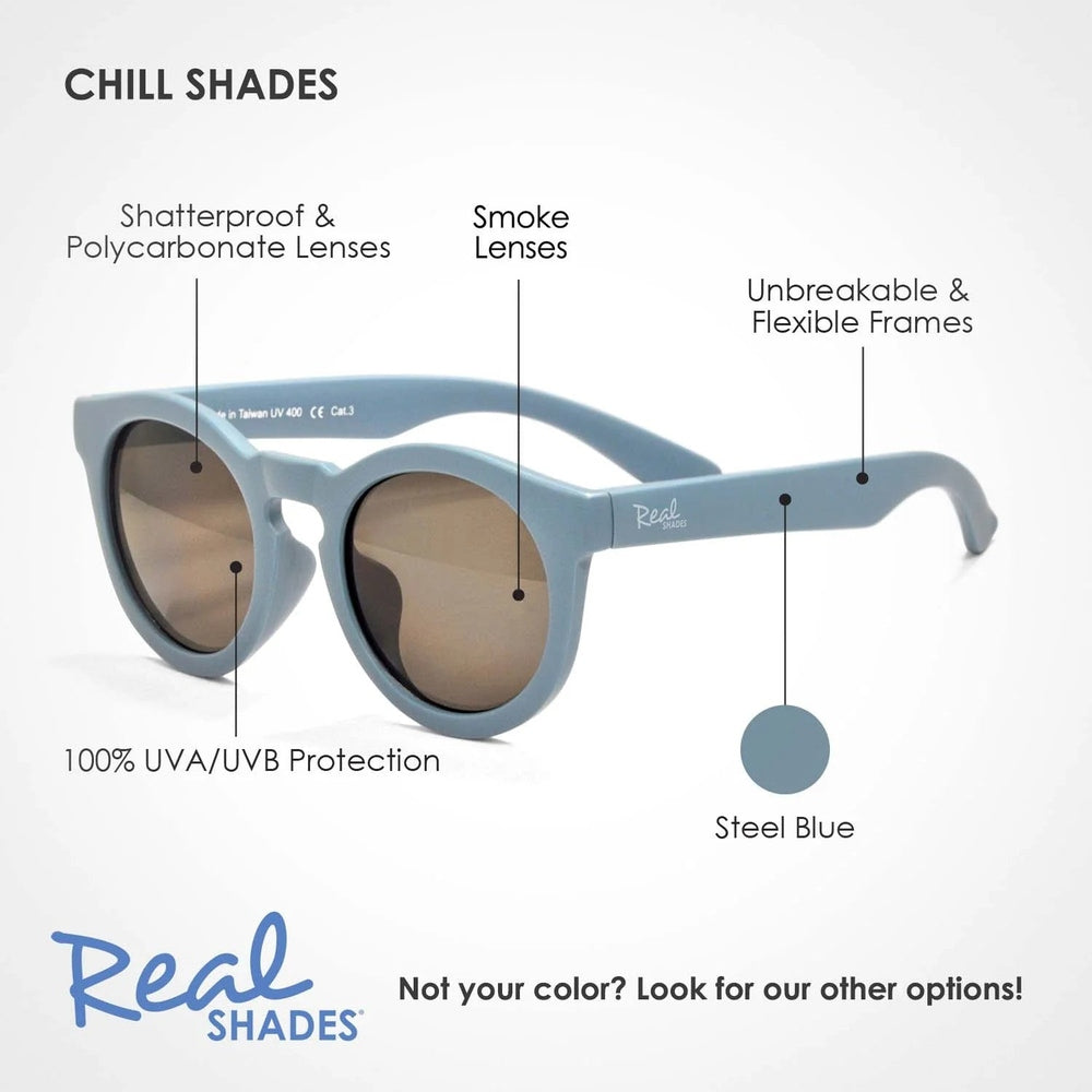 Real Shades Chill sunglasses in steel blue with shatterproof polycarbonate lenses and unbreakable frames.