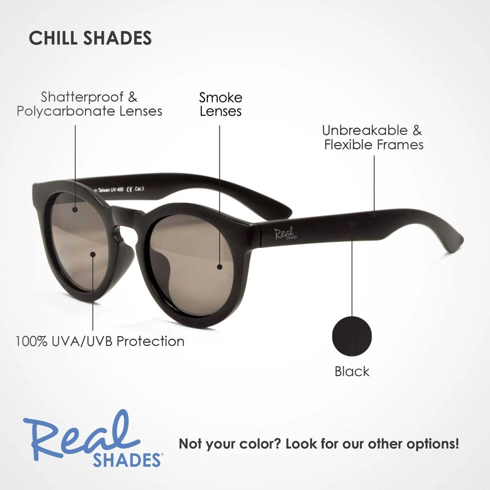 Real Shades Chill sunglasses in black with shatterproof polycarbonate lenses and unbreakable frames.