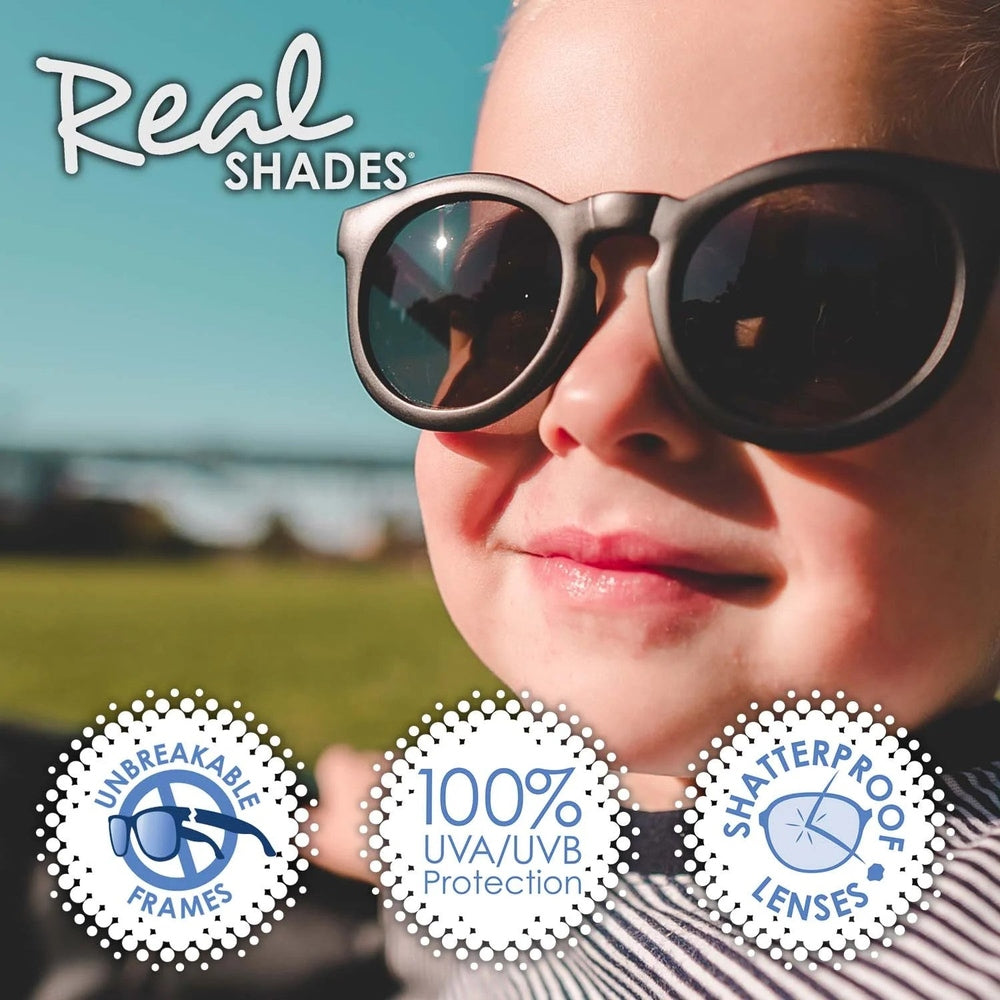Real Shades Chill kids sunglasses in black with logo, unbreakable frames and 100% UV protection.
