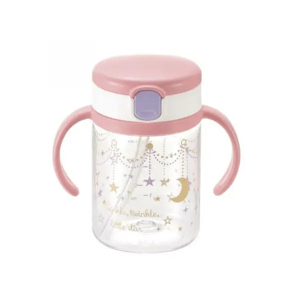 Richelle Clear Straw Bottle Mug 200 ml with pink lid and dual pink handles, clear body with star and moon motif and straw.