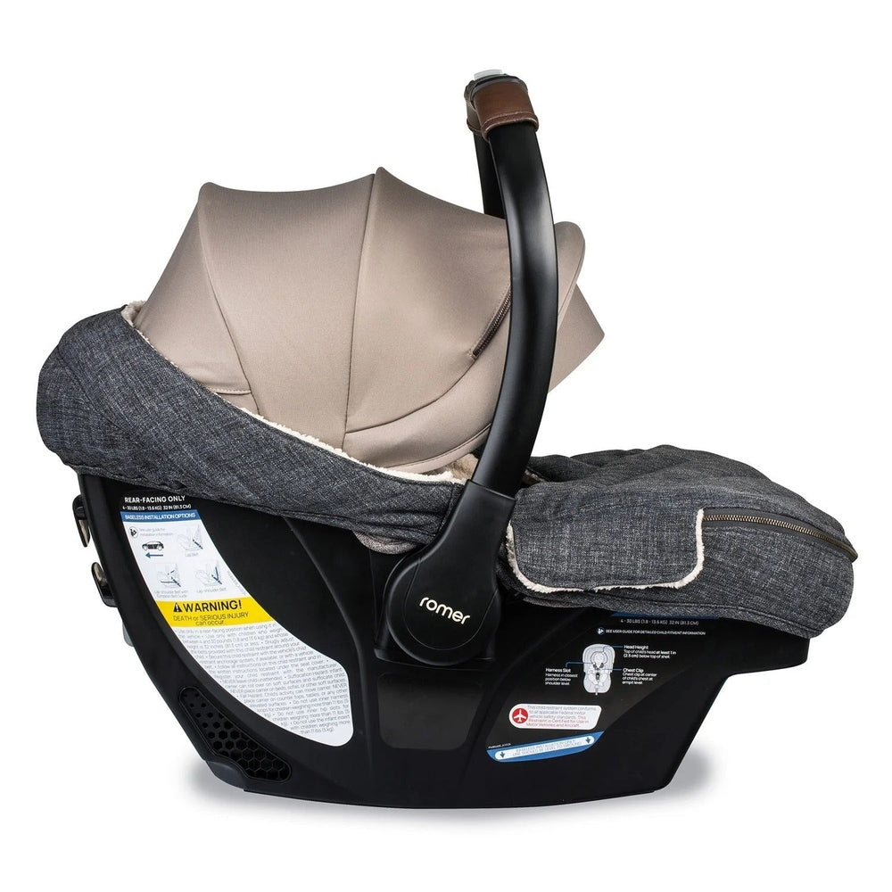 Romer Juni Winter Cover on an infant car seat, featuring a dark gray fleece footmuff and beige canopy for warmth.