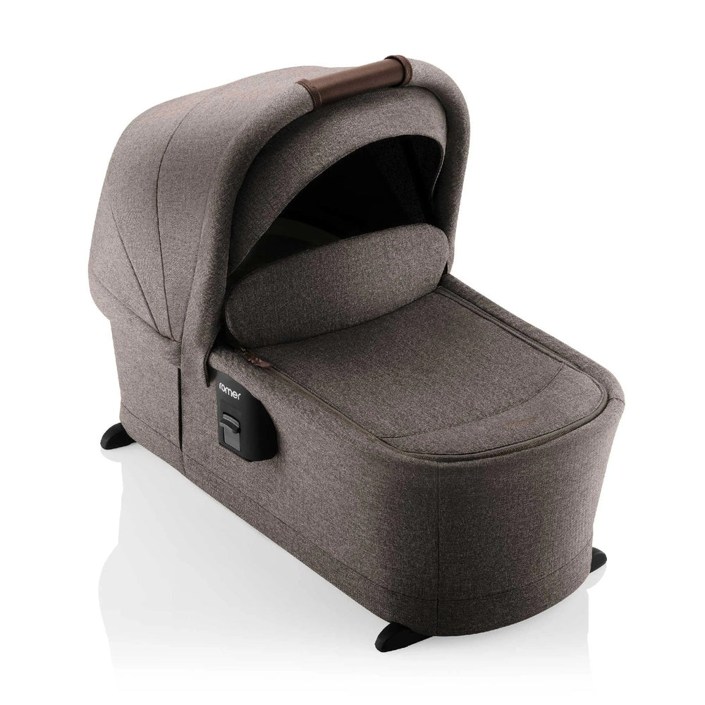 ROMER Sera Bassinet for Tura Stroller in brown fabric, padded bassinet with curved canopy ready to attach.