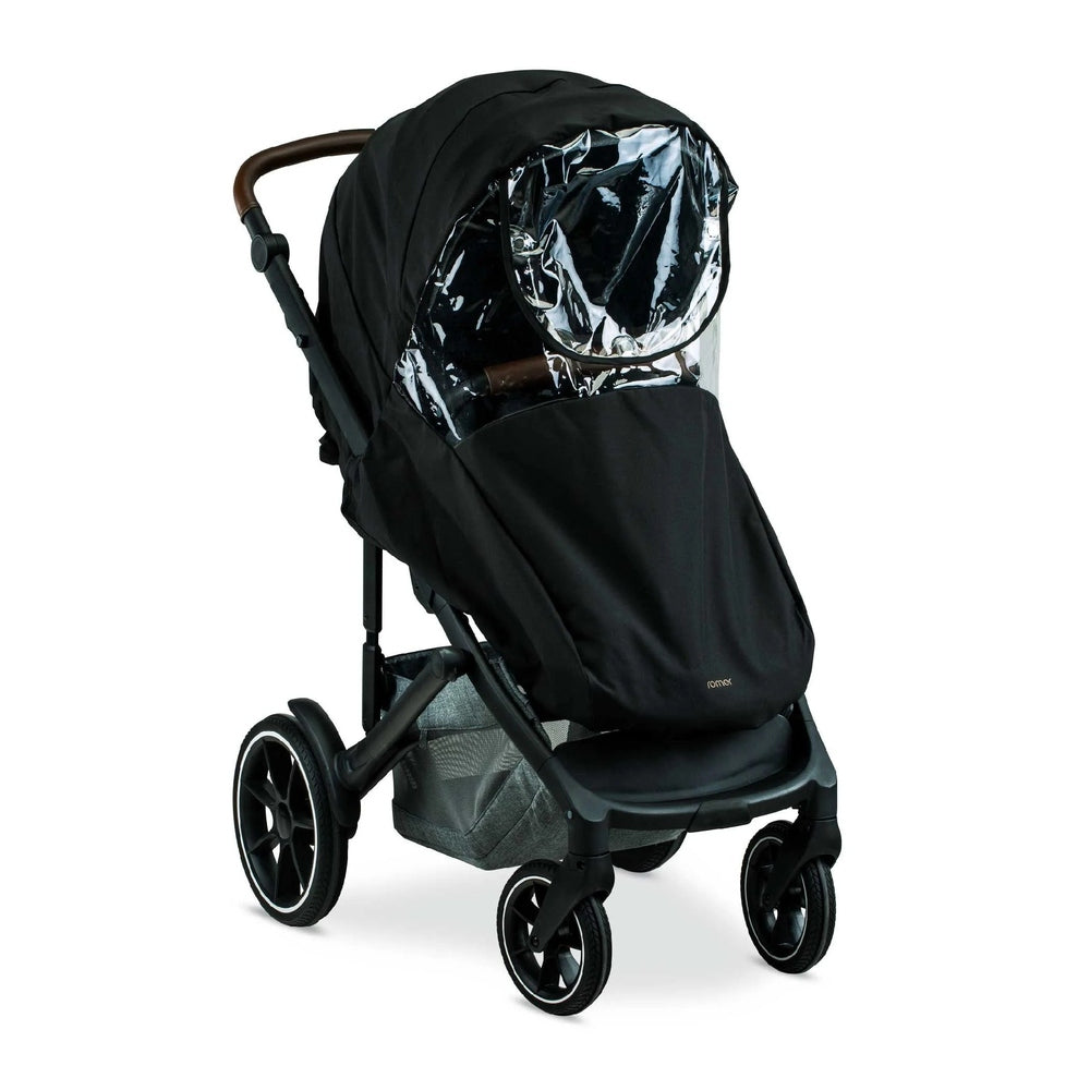 Romer Tura Rain Cover for stroller, black fabric with clear vinyl canopy protecting the seat from rain.