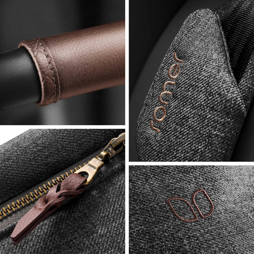 Romer Tura Stroller collage shows brown leather handle, brass zipper, gray denim fabric with ROMER logo.