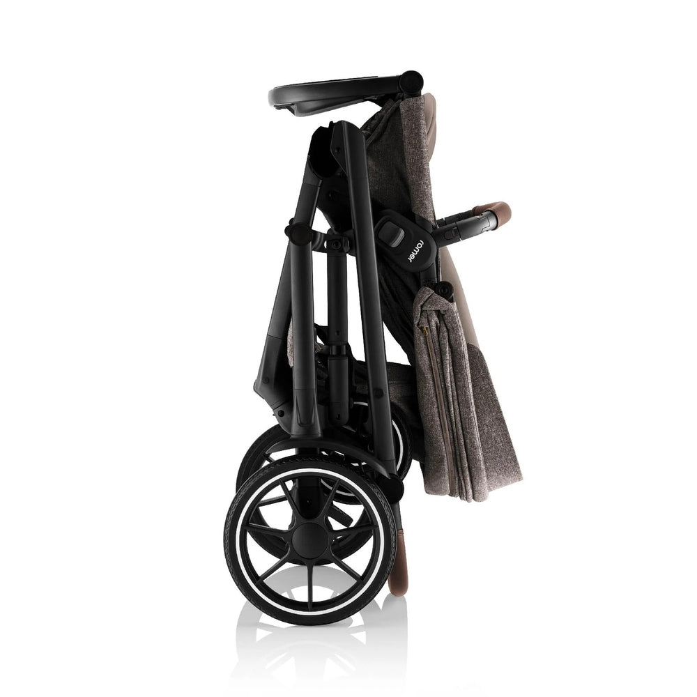 ROMER Romer Tura Stroller folded for compact transport, black frame with brown fabric and large wheels.
