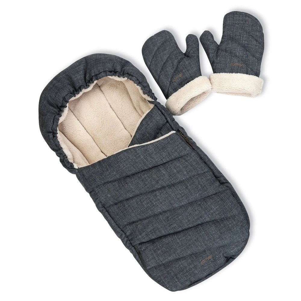 Romer Tura Winter Kit: denim cover with cream fleece lining and matching mittens shown with the cover opened.