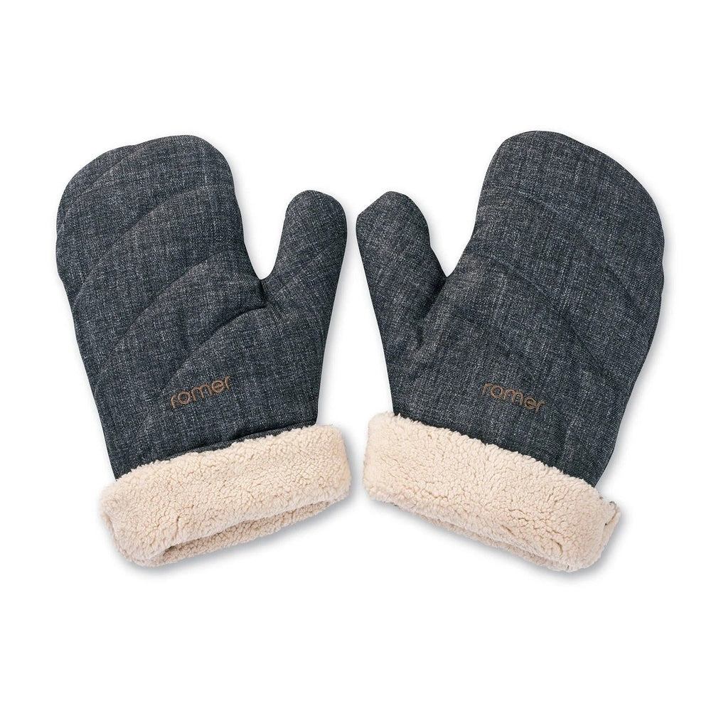 ROMER Romer Tura Winter Kit mittens in dark denim with cream fleece cuffs, laid flat to showcase the set.