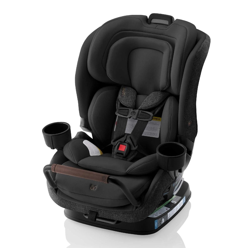 Romer Veni Convertible Car Seat in black, with plush padding, 5-point harness fastened, and dual cup holders.