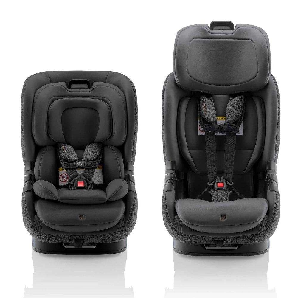 Romer Veni Convertible Car Seat pair in charcoal gray, two seats shown upright with 5-point harness secured.