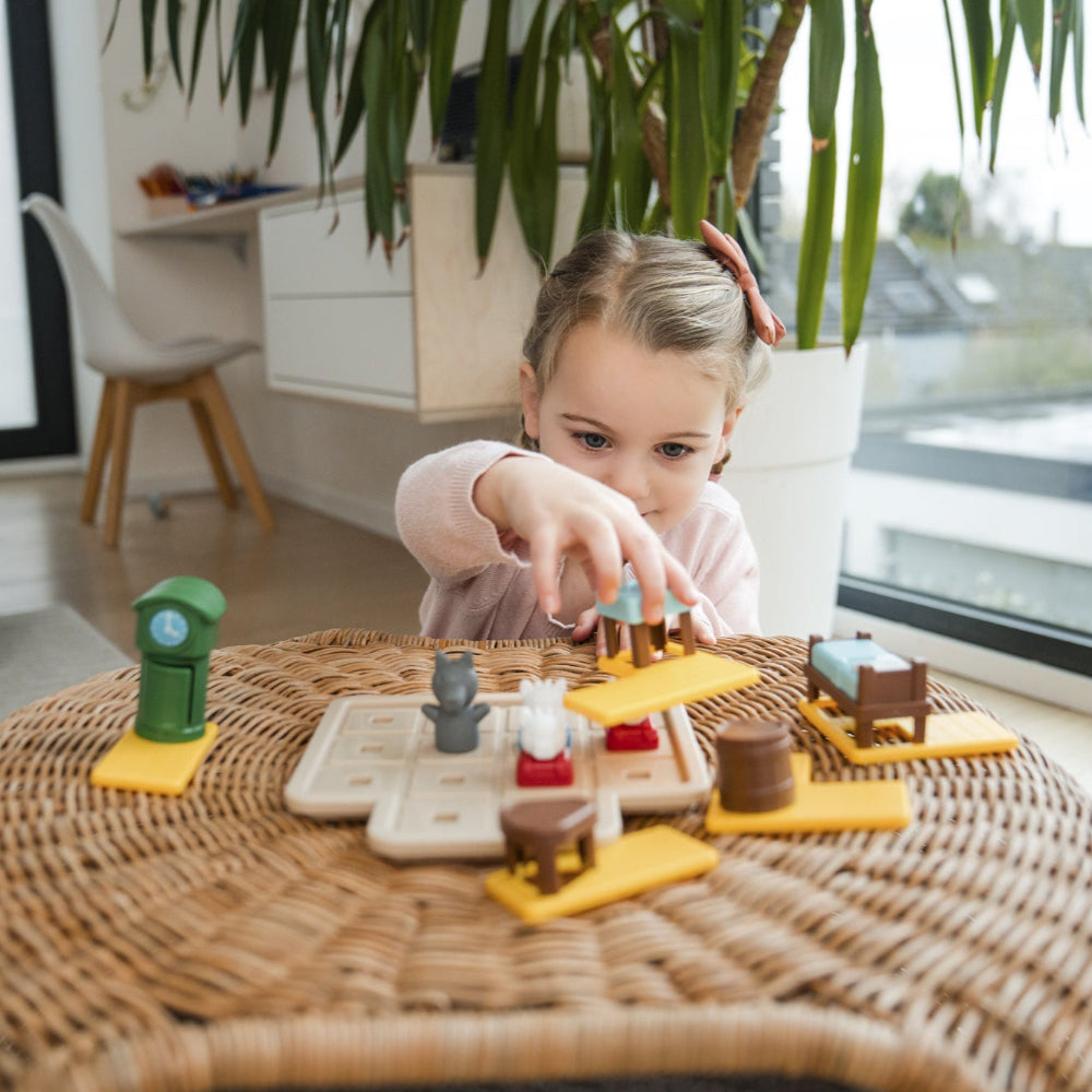 Smart Games Wolf and the Seven Goats wooden puzzle with yellow platforms
