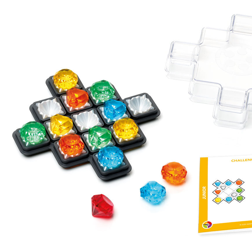 Smart Games Diamond Quest puzzle with multicolored gem pieces on a black grid